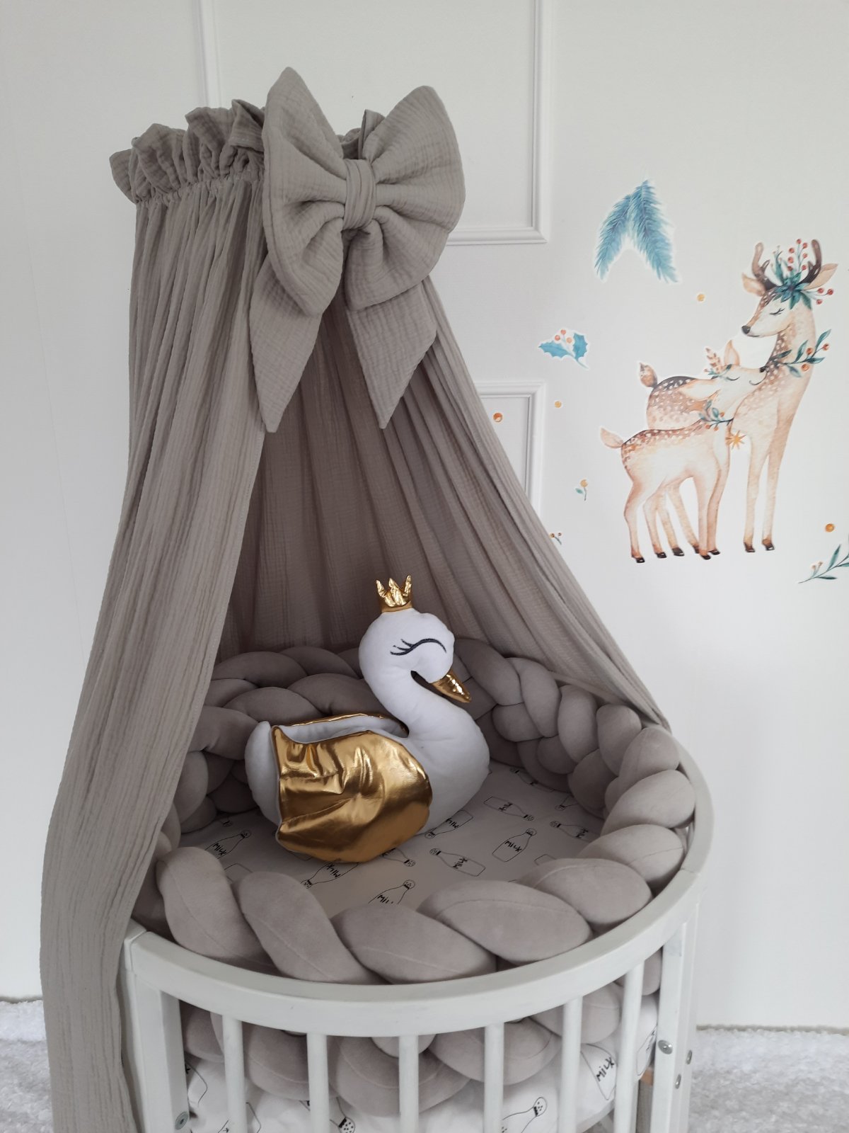 Muslin canopy in gray color with bow. High quality muslin canopy for nursery