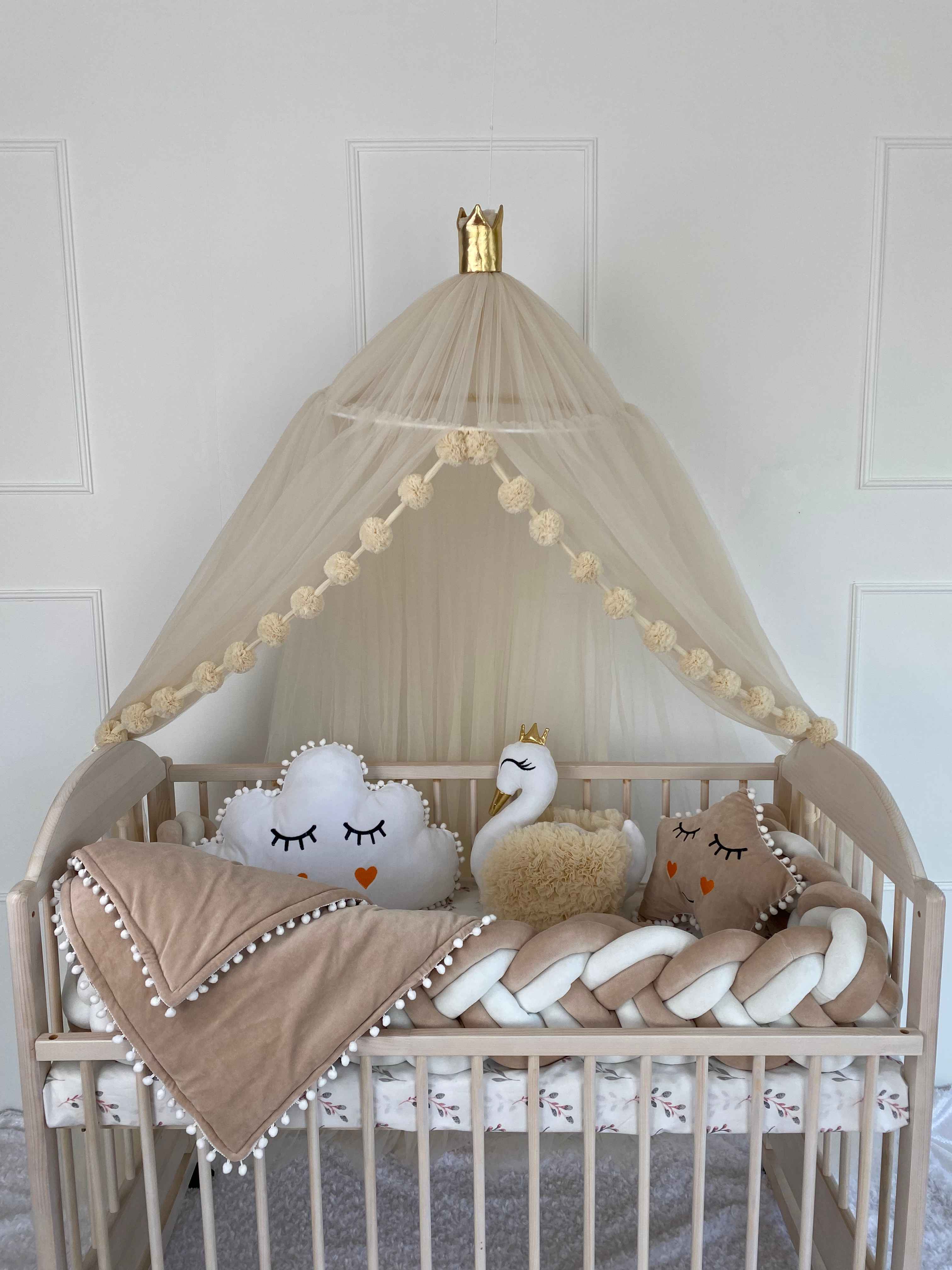 Cream Crib Set - Double Braided Bumper + 3 Free Pillows