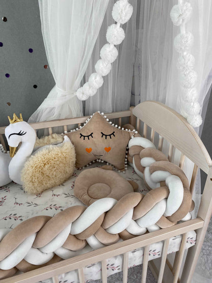 Swan pillow, star pillow with custom embroidery, Orthopedic Infant Pillow, double braided cot bumper on the crib. Best crib set for nursery