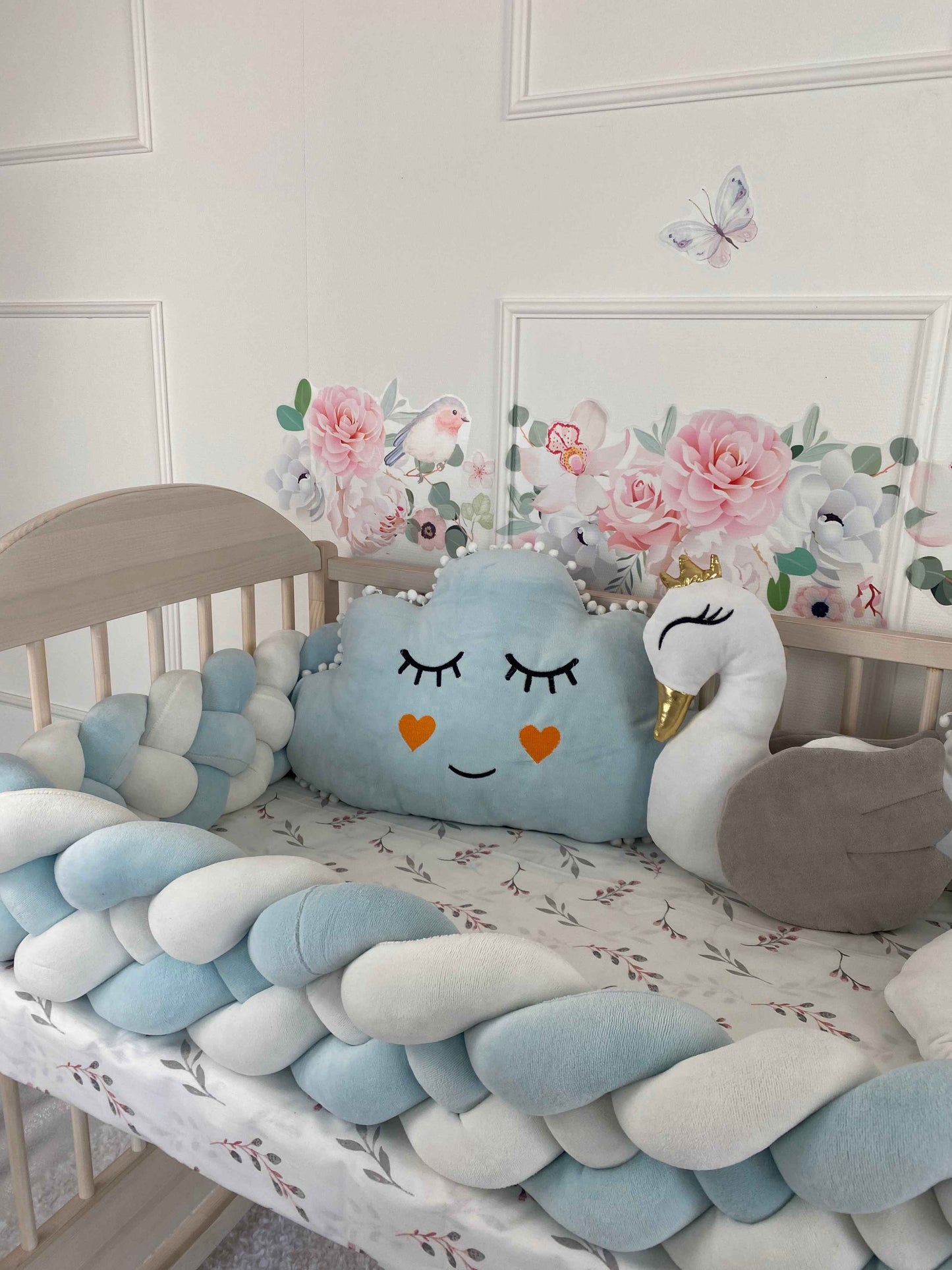 Blue-White Braided Crib Bumper - Weaving in 4 Strips + Free Star Pillow + Optional Variants