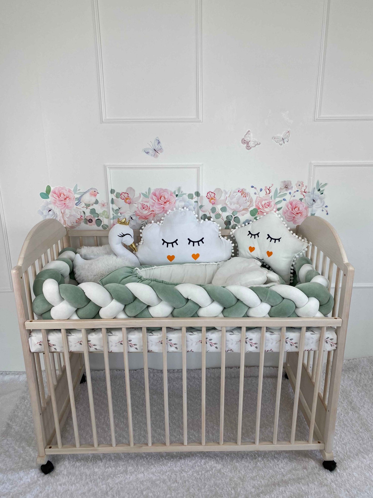 serena and lily white crib bumper Green-White Braided Crib Bumper 4-Strips Weaving + Free Pillow – Allbright Kids