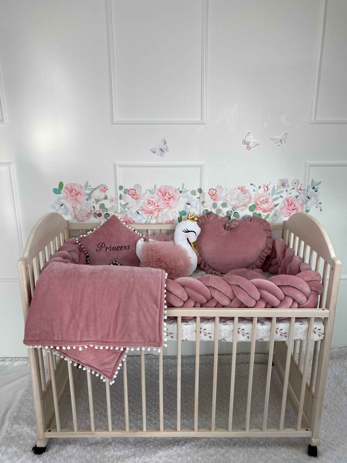 Rose Double Braided Crib Bumper – Free Star Pillow Included