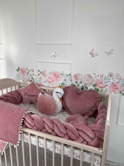 Rose Double Braided Crib Bumper + Free Star Pillow + Optional Variants