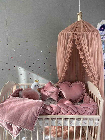 Rose crib set in nursery. Front side. 