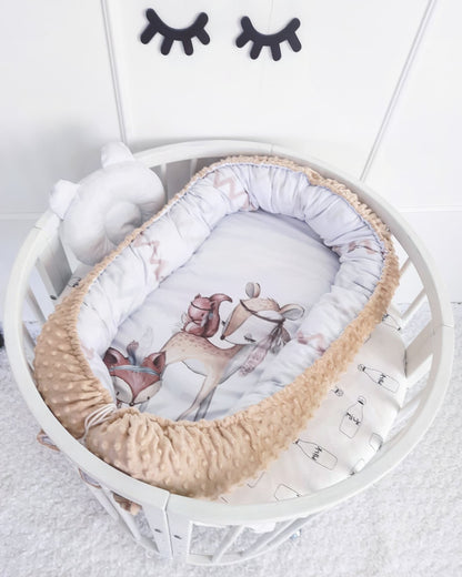 Cream Crib Set: Double Braided Crib Bumper with 8-12 Pillows with Animals Print and Optional Variants