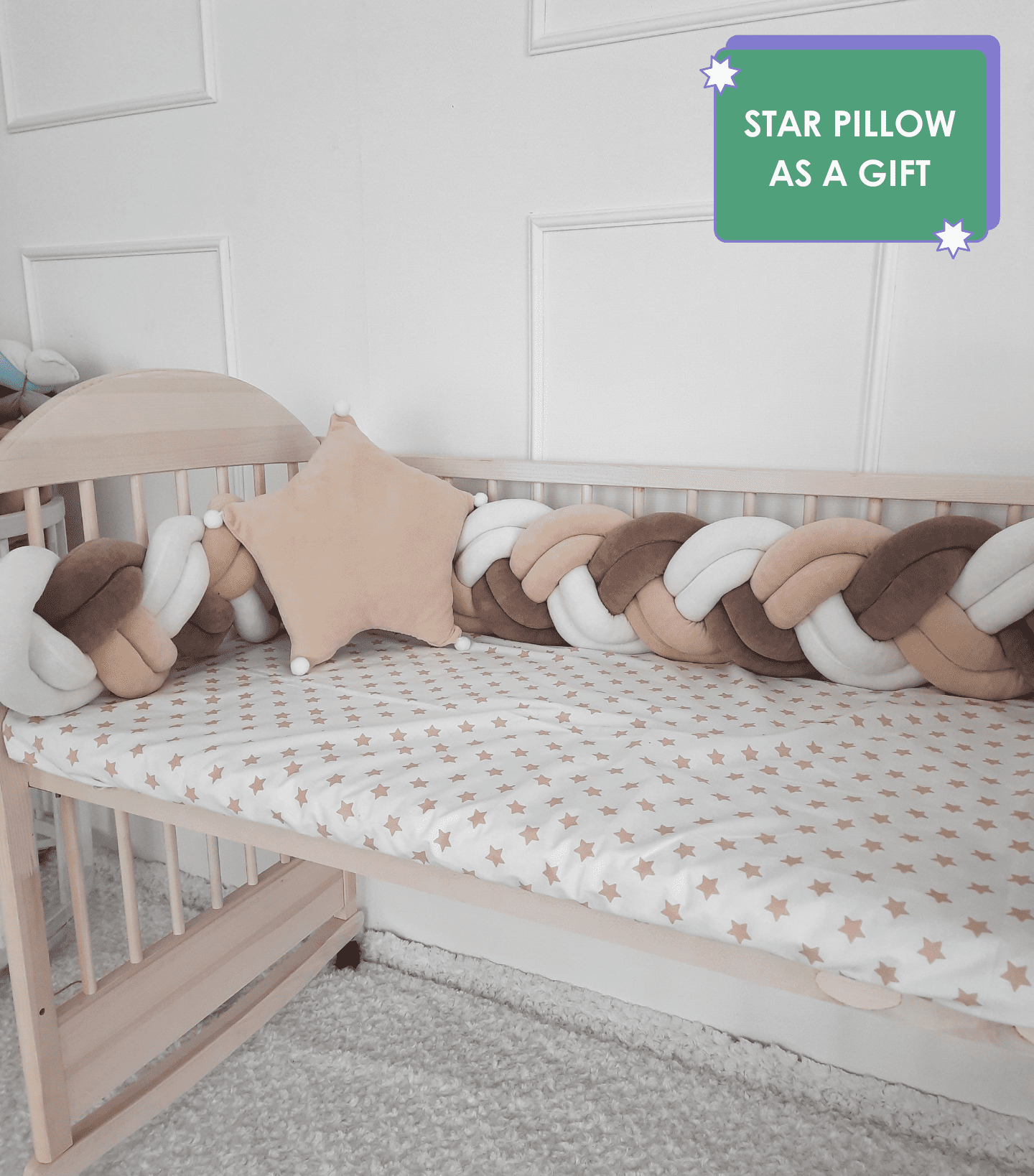 White-Brown-Coffee Double Braided Crib Bumper with star pillow on the crib. Star pillow as a gift