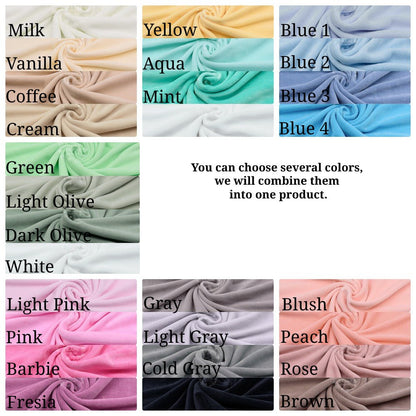 Available colors for the braided bumper: milk, vanilla, coffee, cream, yellow, aqua, mint, white, blue 1, blue 2, blue 3, blue 4, green, light olive, dark olive, light pink, pink, barbie, fresia, gray, light gray, cold gray, black, blush, peach, rose, brown. You can choose several colors.