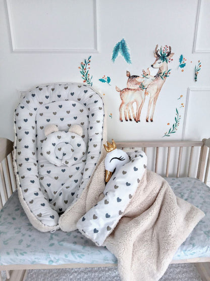 Baby Nest for Newborn. Cotton BabyNest + Blanket + Moses Basket Fitted Sheet