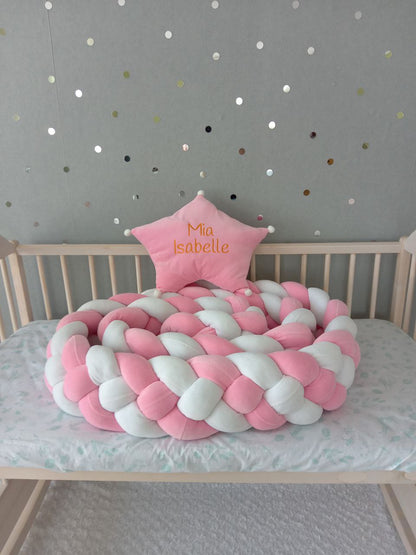 White-pink Braided Crib Bumper - Weaving in 4 Strips with pink star pillow on the crib. Star pillow on top of bumper. Front side