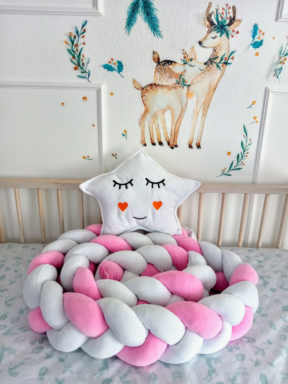 White-pink Braided Crib Bumper - Weaving in 3 Strips with white star pillow on top of it. Front side