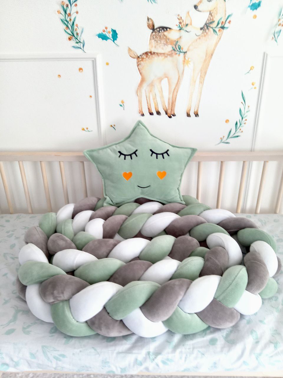 Light olive-white-gray Braided Crib Bumper - Weaving in 3 Strips with light olive star pillow on top of it. Front side