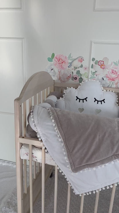 LightGray-White Braided Crib Bumper - Weaving in 4 Strips + Free Star Pillow + Optional Variants