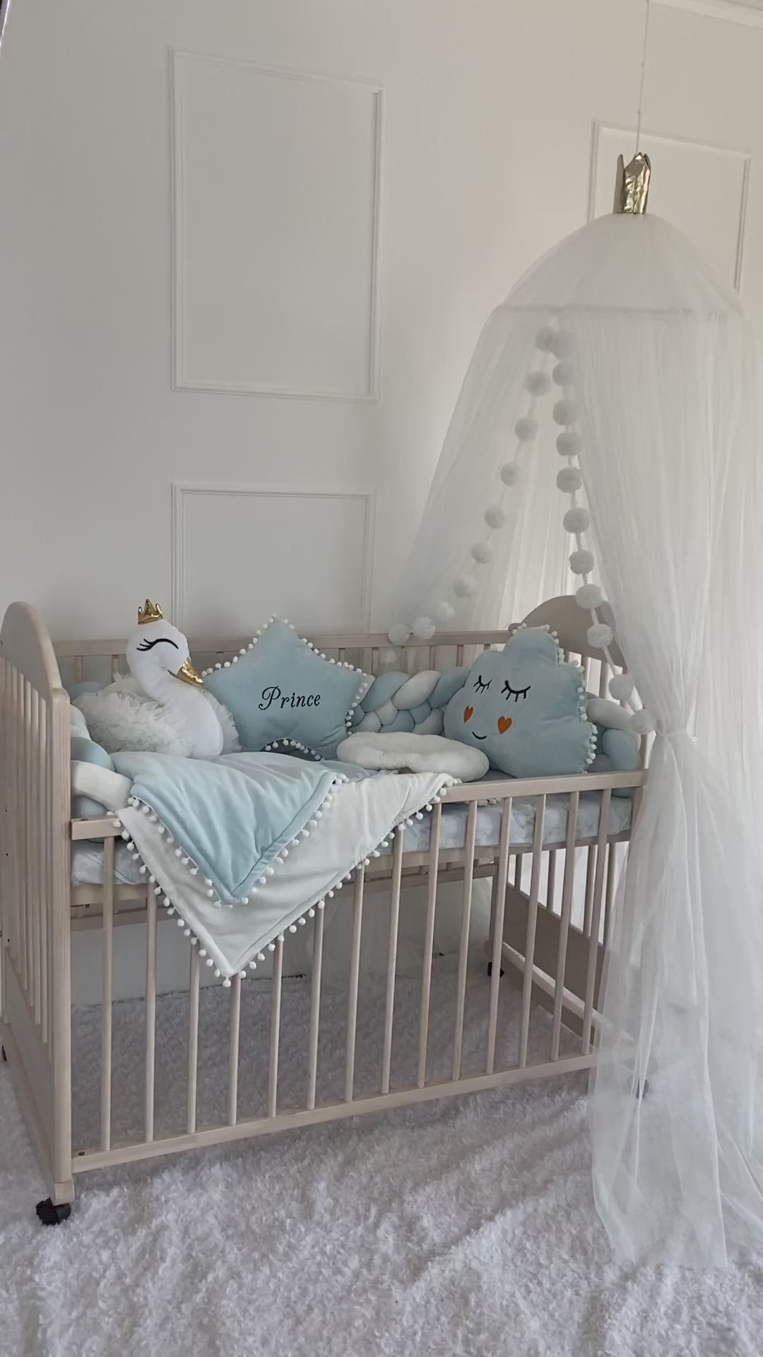 Blue Crib Set - 4-Strip Braided Bumper + 3 Free Pillows