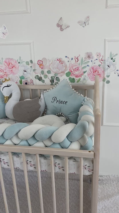 Blue-White Braided Crib Bumper - Weaving in 4 Strips + Free Star Pillow + Optional Variants