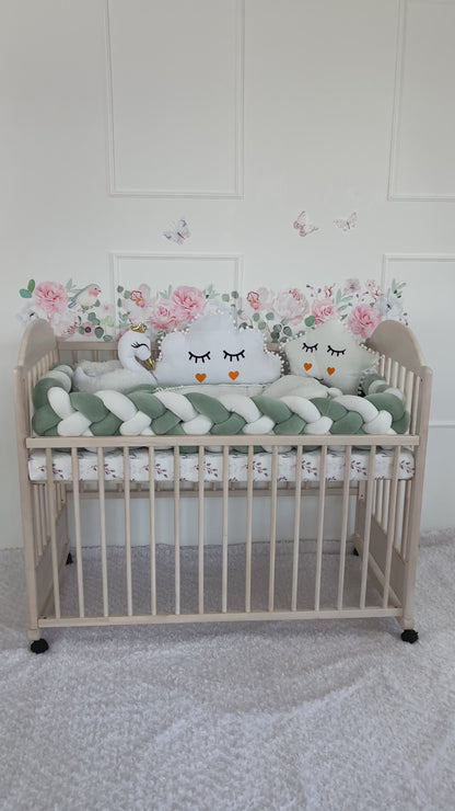 Green Crib Set: Braided Crib Bumper - Weaving in 4 Strips with 3 FREE Pillows and Optional Variants