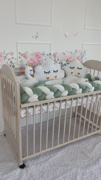 Green Crib Set: Braided Crib Bumper - Weaving in 4 Strips with 3 FREE Pillows and Optional Variants