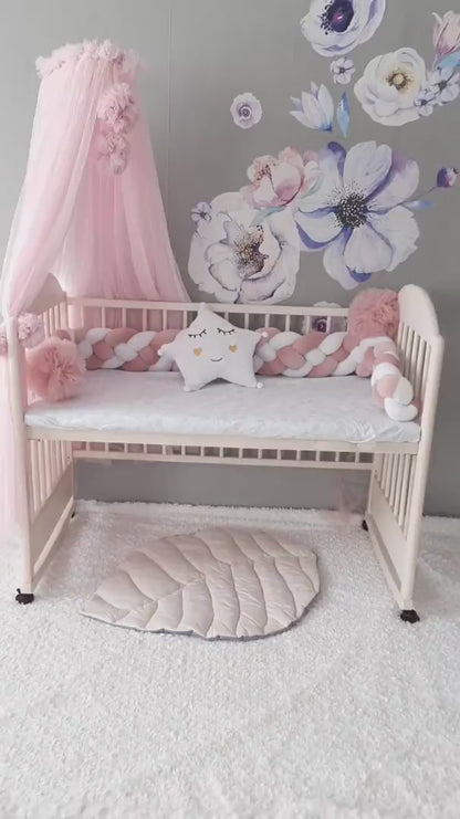 White-Pink Braided Crib Bumper - Weaving in 4 Strips