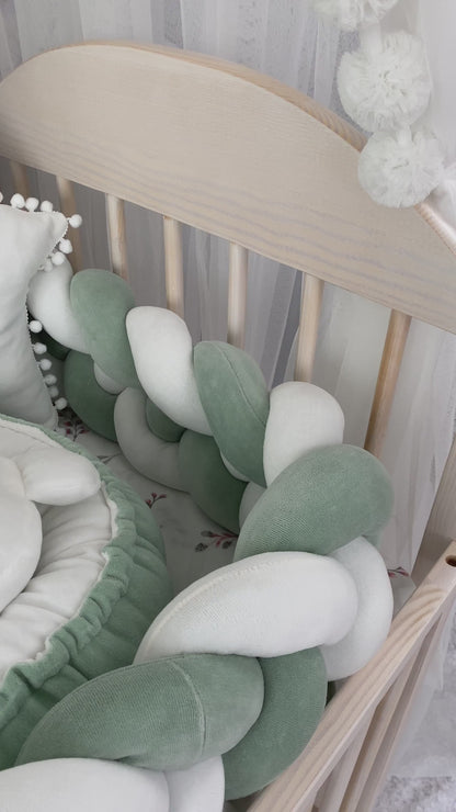 Green Crib Set: Braided Crib Bumper - Weaving in 4 Strips with 3 FREE Pillows and Optional Variants