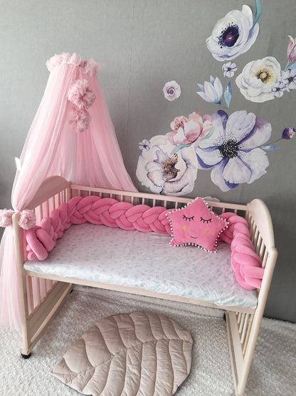 Canopy for crib. Baldachin +  pom poms +Swan pillow as a gift