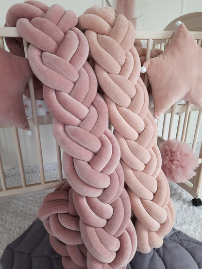 Rose and Blush Double Braided Crib Bumpers. Close Front side slightly angled from the left.
