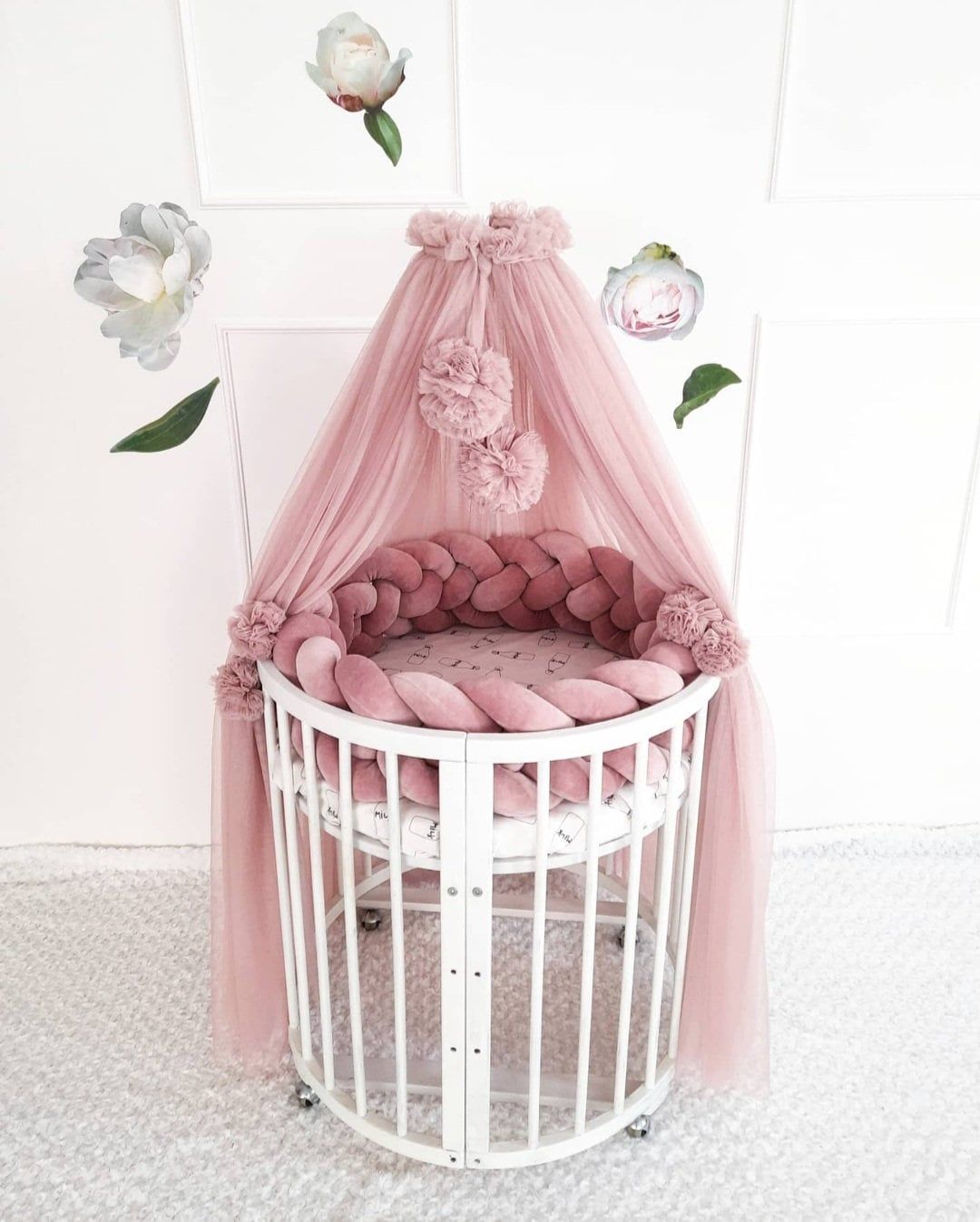 Canopy Bed tulle for nursery / Kids hanging tent for bedroom / Princess playhouse / Pom Pom canopy +Swan pillow as a gift