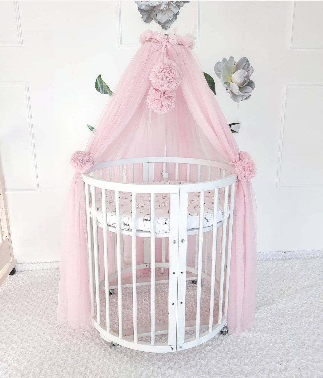 Canopy Bed tulle for nursery / Kids hanging tent for bedroom / Princess playhouse / Pom Pom canopy +Swan pillow as a gift