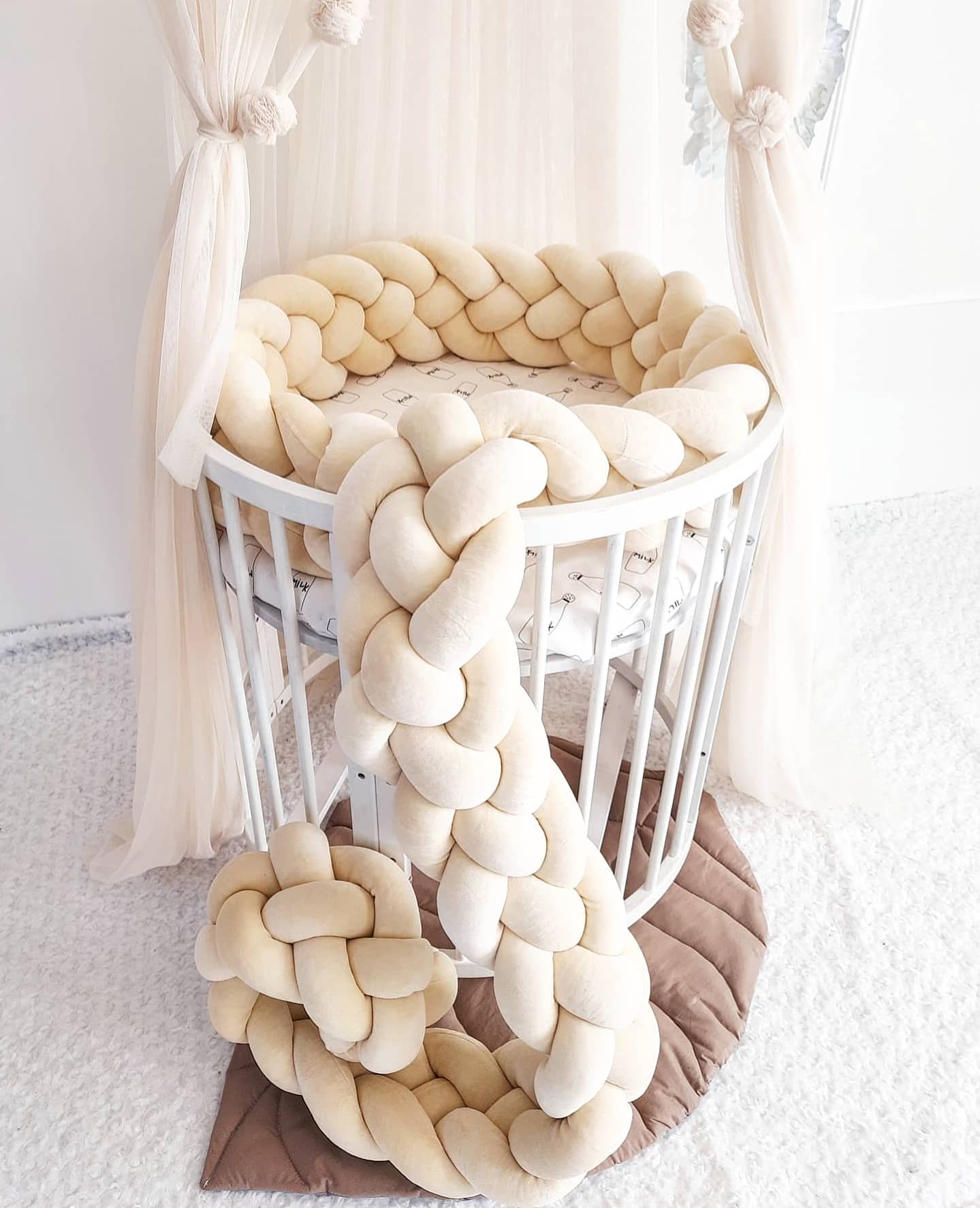 Cream Allbright Kids Braided Cot Bumper - Weaving in 4 Strips on the oval crib with beautiful canopy in ivory color. Front side, close up