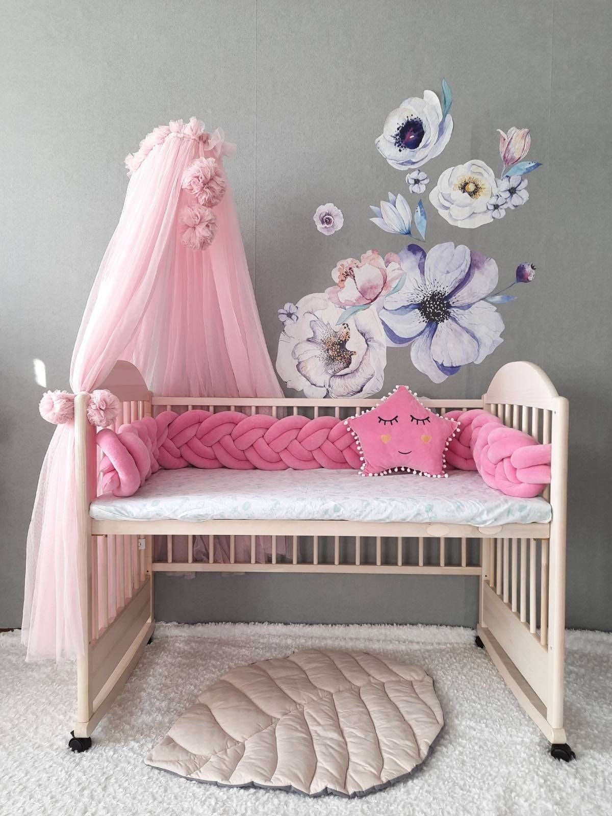 Canopy Bed tulle for nursery / Kids hanging tent for bedroom / Princess playhouse / Pom Pom canopy