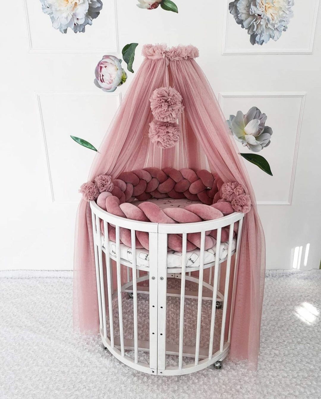 Canopy for crib. Baldachin + pom poms