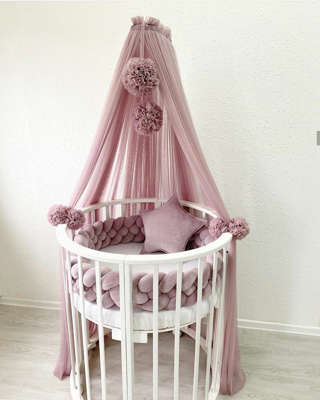 Canopy for crib. Baldachin + pom poms