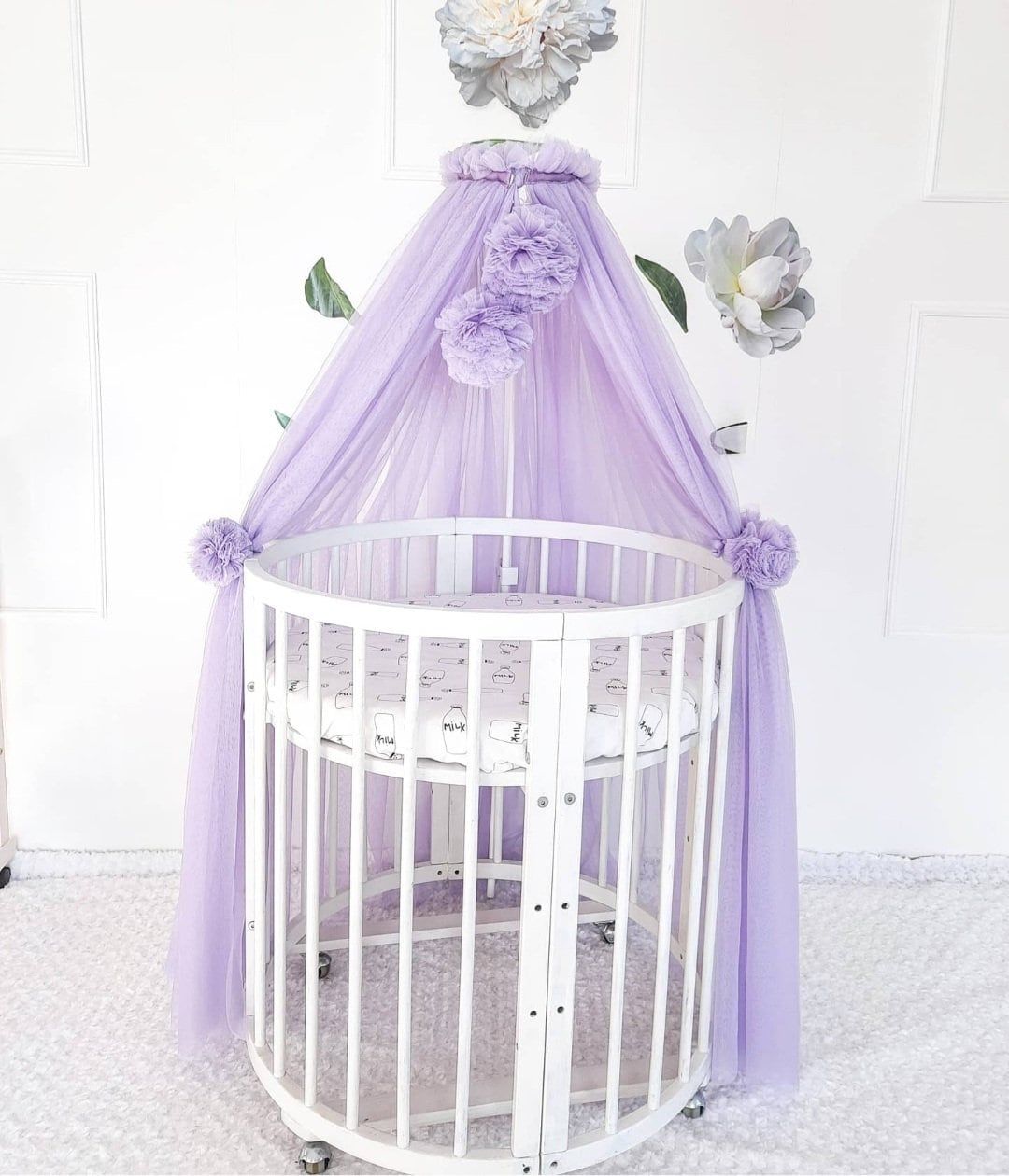 Canopy Bed tulle for nursery / Kids hanging tent for bedroom / Princess playhouse / Pom Pom canopy